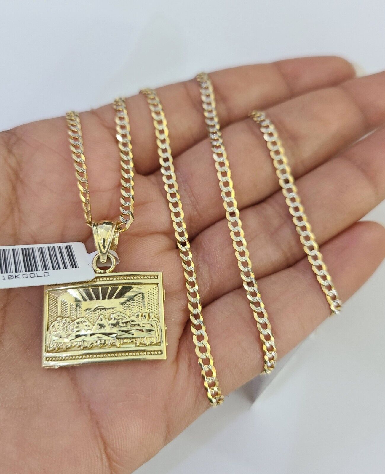 10k Solid Gold Cuban Curb Chain Last Supper Pendant 2mm 18"-24" SET Necklace